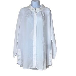 Alpha Studio M/L Button Front Blouse White Crepe Sheer Long Sleeve NWT Oversized